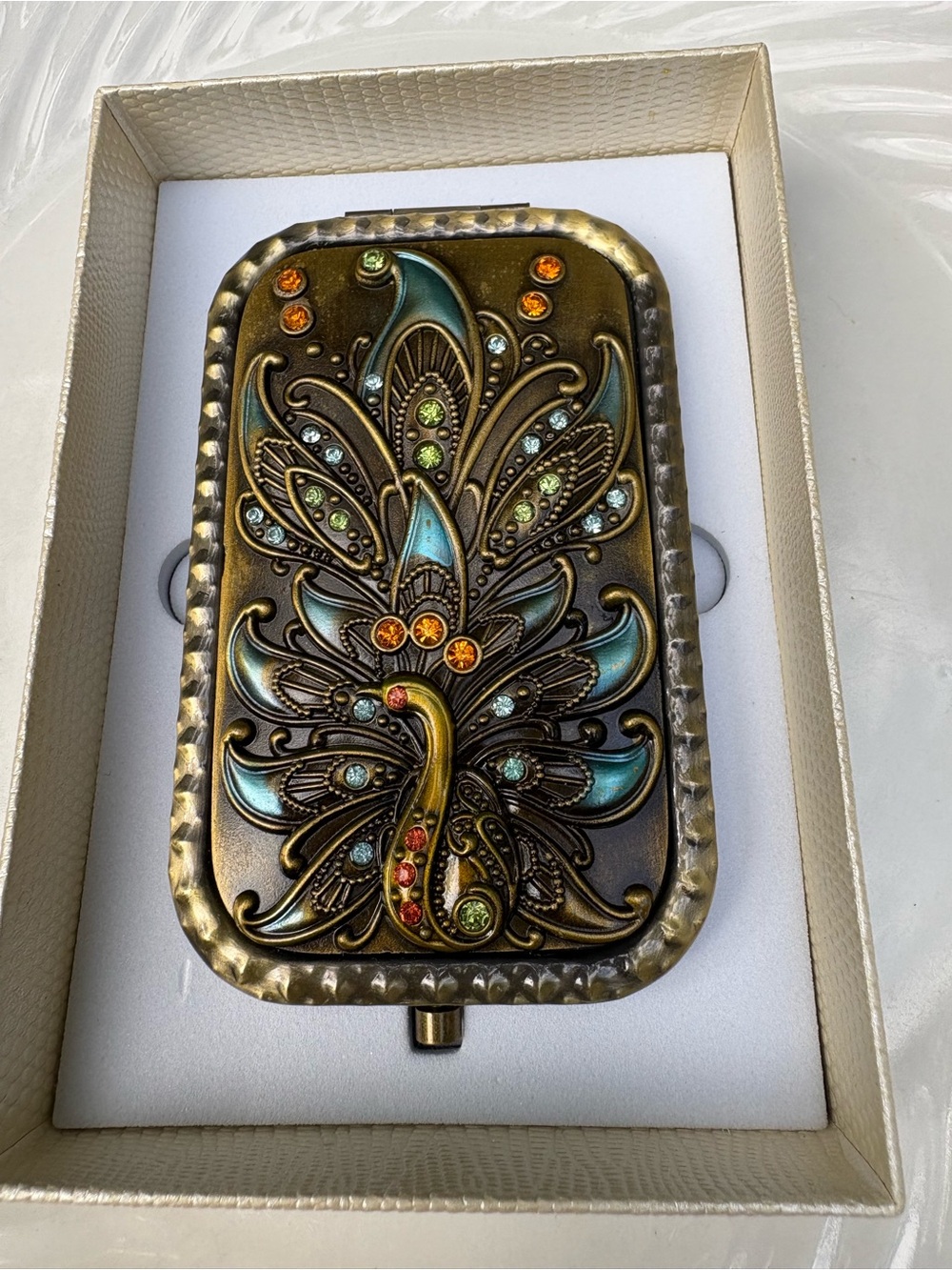 Embellished Peacock Compact Mirror - Turquoise & Gold Accents